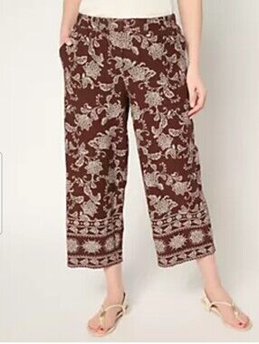 Susan Graver Brown Petite Printed Linen Cropped Wide-Leg Pants